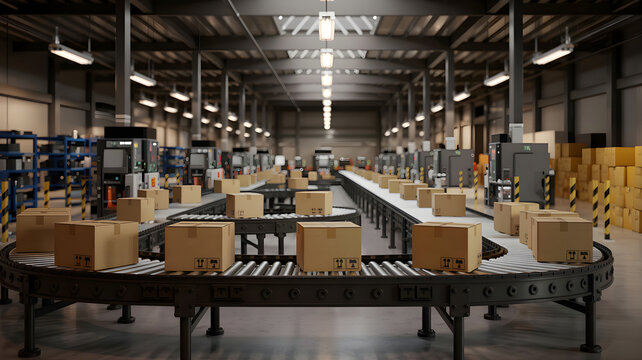 Warehouse technology utilizes forklifts to move electronics boxes within the industrial building
