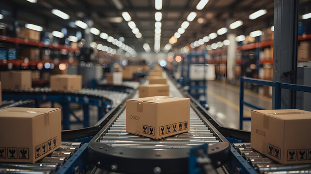 Warehouse technology utilizes forklifts to move electronics boxes within the industrial building