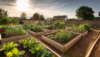 community garden with raised beds flourishing with fresh vegetables in mid summer