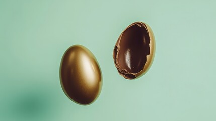 Obraz premium Golden egg and broken chocolate egg shell comparing investments on turquoise background