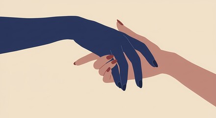 Two hands with different skin tones and dark red painted nails are intertwined against a light cream background. The image has a digital illustration style with flat colors and clean lines.