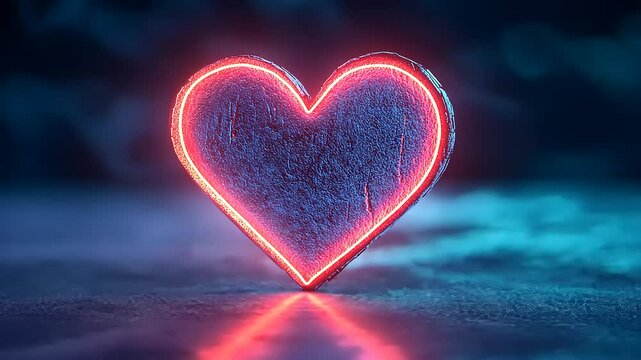 A heart form with a red neon outline on a concrete surface reflects romantic glow in the foggy dimness