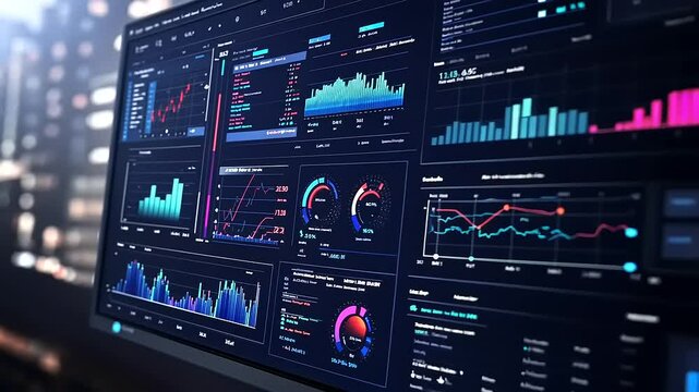 Dynamic data display shows graphs, charts, lines, columns and numerical figures, reflecting information processing