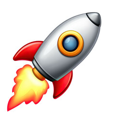 Fototapeta premium Animated illustration of a cartoon rocket ship soaring upwards with flames emitting from the engine on transparent background.