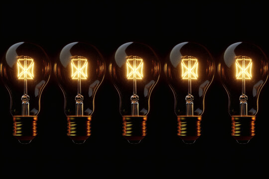 Illuminated bulbs: A row of glowing light bulbs in a dark setting representing ideas and innovation.