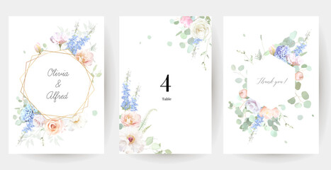 Bridgerton inspired pastel floral vector design frames. Blue delphinium, white peony, coral rose, magnolia, hyacinth, hydrangea, greenery and plants. All flowers and branches are isolated and movable.