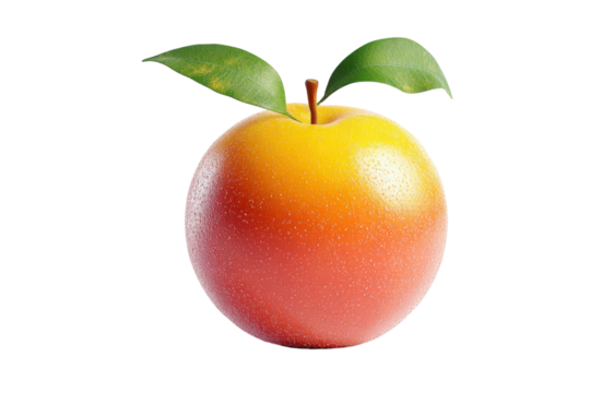 A vibrant juicy apple with a sunset gradient two green leaves isolated on a black background Detailed 3D render