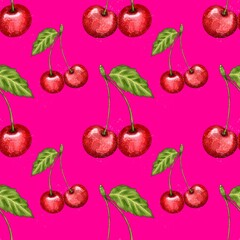 seamless pattern with cherries, red cherry pattern, food illustration, watercolor style