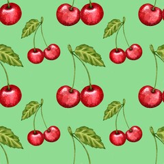 seamless pattern with cherries, red cherry pattern, food illustration, watercolor style