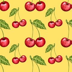 seamless pattern with cherries, red cherry pattern, food illustration, watercolor style