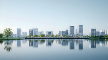 Naklejka premium Modern City Skyline Reflecting On Calm Water