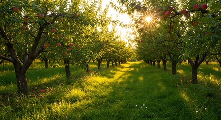 Fototapeta premium Sunlit Orchard Path: Nature's Golden Hour