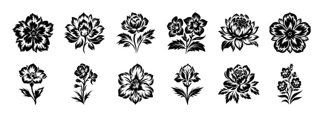 Collection of twelve black and white floral designs botanical illustrations