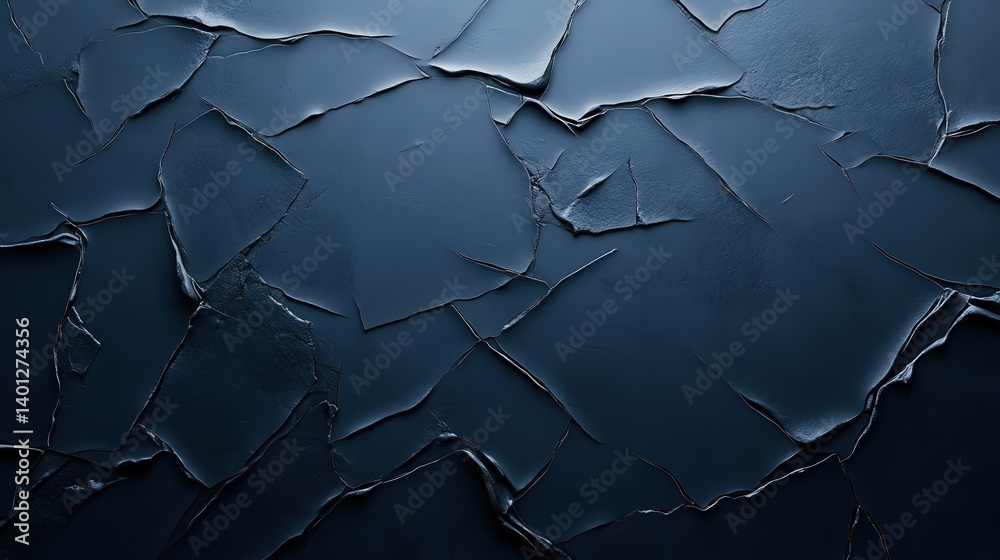Wall mural Abstract navy blue background featuring a dark slate texture with cracks and a rough stone surface, ideal for design or wallpaper use. 3D rendered with deep shadows.