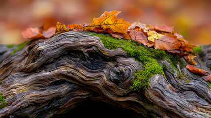 Autumnal Wood Log Covered In Moss And Leaves