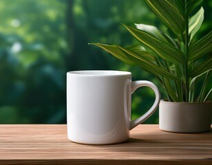 simple white ceramic mug on wooden surface with lush green plant in background for minimalist decor inspiration