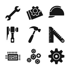 Construction and Engineering Icons: Essential Tools and Equipment in Black and White Illustration