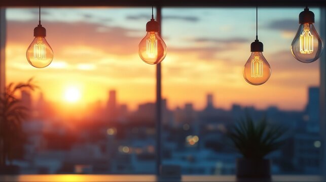 Blurred modern office interior with hanging light bulbs and panoramic cityscape view at sunset, ideal for creative work or innovative brainstorming.