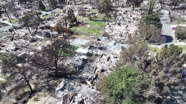 Aerial view of the L.A. fires burnt ashes and destroyed houses in Pacific Palisades neighborhood in Malibu Los Angeles, California.