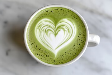 Close up of matcha latte with heart design in a white ceramic mug on table