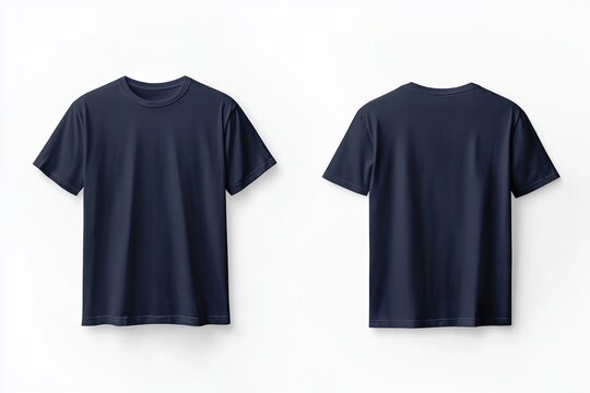 A clean, minimalist design of a navy blue t-shirt mockup with front and back views, displayed on a white background, offering ample space for creative designs.