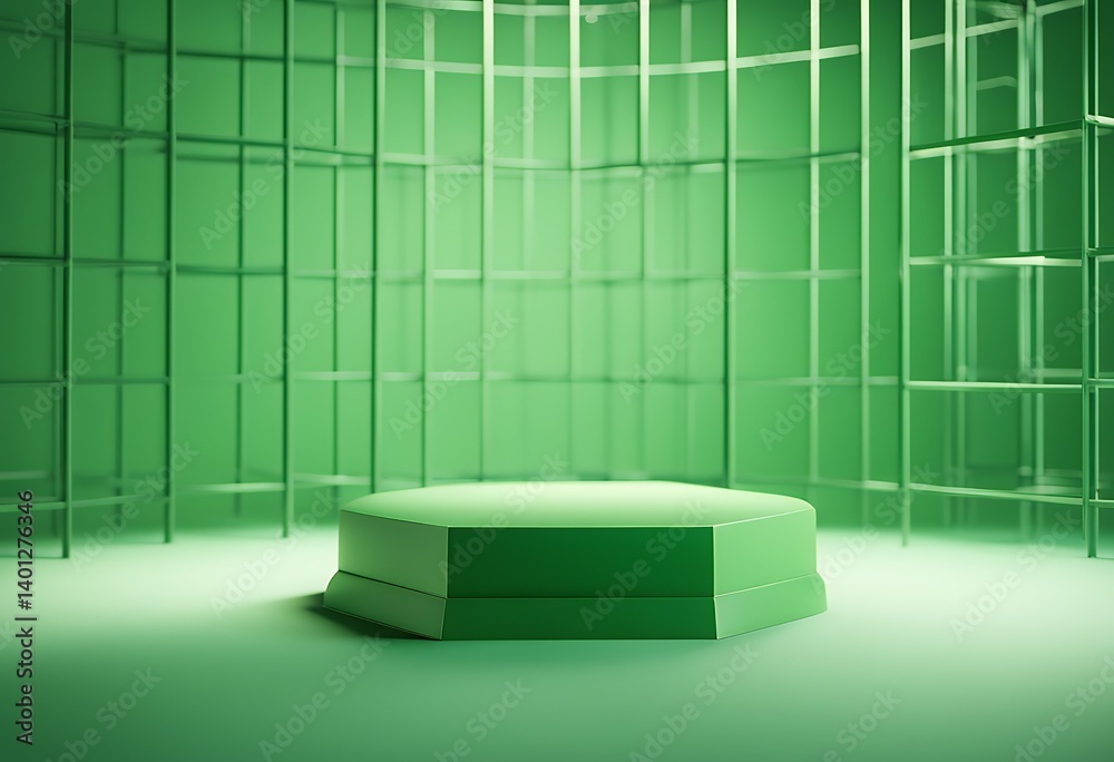 Wall mural single studio minimalistic diagonal lattice green empty background render podium lighting cylinder 3