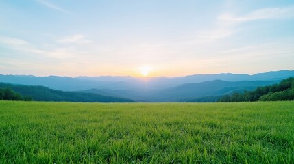 Fototapeta premium Vast Grassland Mountain Ranges Serene Landscape High-Definition Panorama Wide Shot Tranquil Sunset Distant Blue Ridge Mountains Peaceful Calm Ideal for Travel Brochures