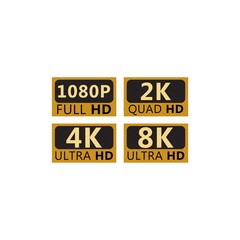 Full HD, 2k quad, 4k, 8k screen resolution badges isolated on white background