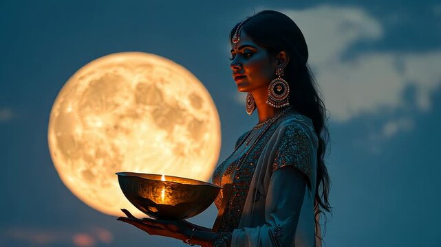 A woman with a diya stands under a glowing full moon during Sharad Purnima, marking divine blessings and celestial grace.
