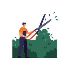 Gardener using shears to trim bushes in flat vector art illustration