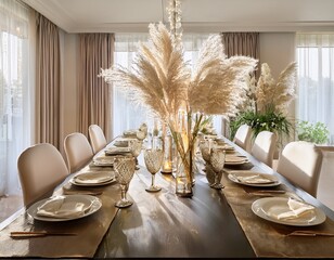 serene elegance a light filled dining table adorned with pampas grass and delicate white blooms