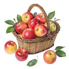 Basket of red and yellow apples with leaves isolated on white background