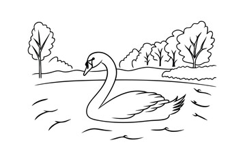 Elegant Swan Swimming Peacefully On A Lake Amidst Trees Black And White Line Art