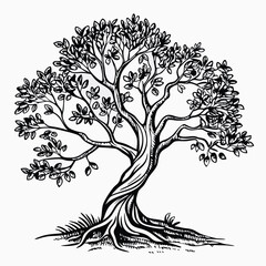 Obraz premium Hand-drawn black and white tree illustration – intricate ink line art of dense leafy tree with visible roots, traditional drawing style, vintage botanical sketch design