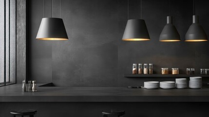 Modern Dark Kitchen Interior Design with Hanging Lamps