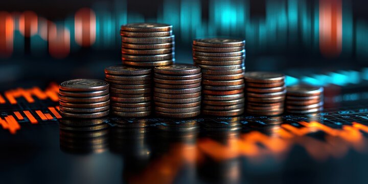 Stacks of coins on a computer keyboard, symbolizing financial growth, investment, and technology integration.