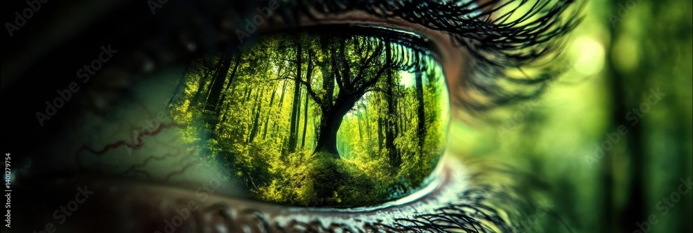 Poster Close-up of an eye showcasing vibrant forest reflection in iris with intricate green tones