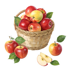 Basket of red and yellow apples with leaves isolated on white background