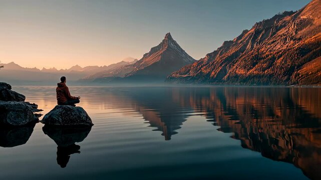 Still lake with perfect mountain reflection at twilight, creating a peaceful and serene landscape.
