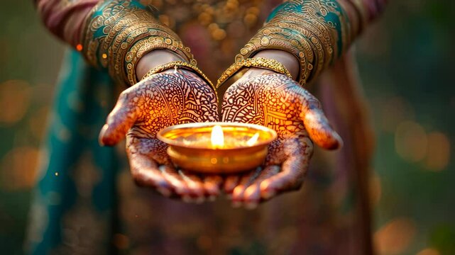 Decorated hands hold a glowing diya during Dev Diwali, the festival of lights celebrated on the banks of the Ganges.
