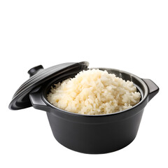 Cooked rice in a black pot isolated on a white background.