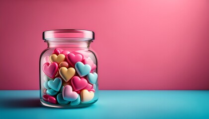 colorful heart shaped candies in a glass jar against a pink background