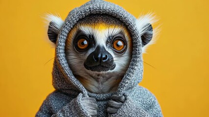 Stylized lemur in a grey hoodie against a yellow backdrop, combining humor, fashion, and animal portraiture.
