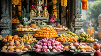 A grand arrangement of sweets and fruits in front of deities during Annakut, marking Govardhan Puja with abundance and devotion.
