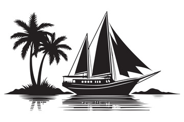 Sailboat Tropical Island Silhouette For Adventure Travel and Vacation