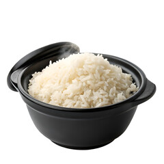 Cooked rice in a black pot isolated on a white background.