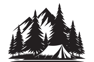 Mountain Camping Vector Illustration Featuring Tent in Forest with Peaks