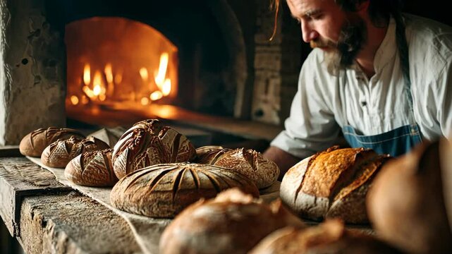 Man slicing pumpkin bread near a cozy fireplace, evoking autumn warmth and comfort in a rustic home setting.
