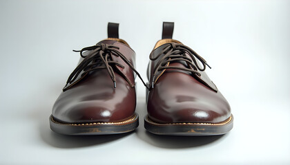 A pair of brown shoes with brown laces on them.