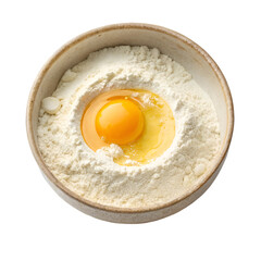 Bowl with flour and egg yolk isolated on white background.